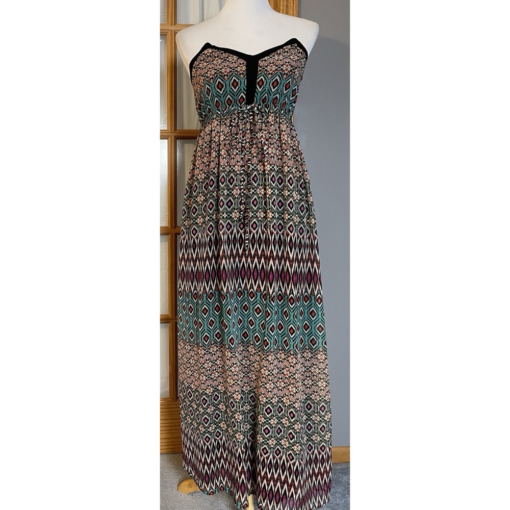 Doe & Rae Women's Maxi Dress XS Printed Strapless Elastic Waist Argyle Chiffon